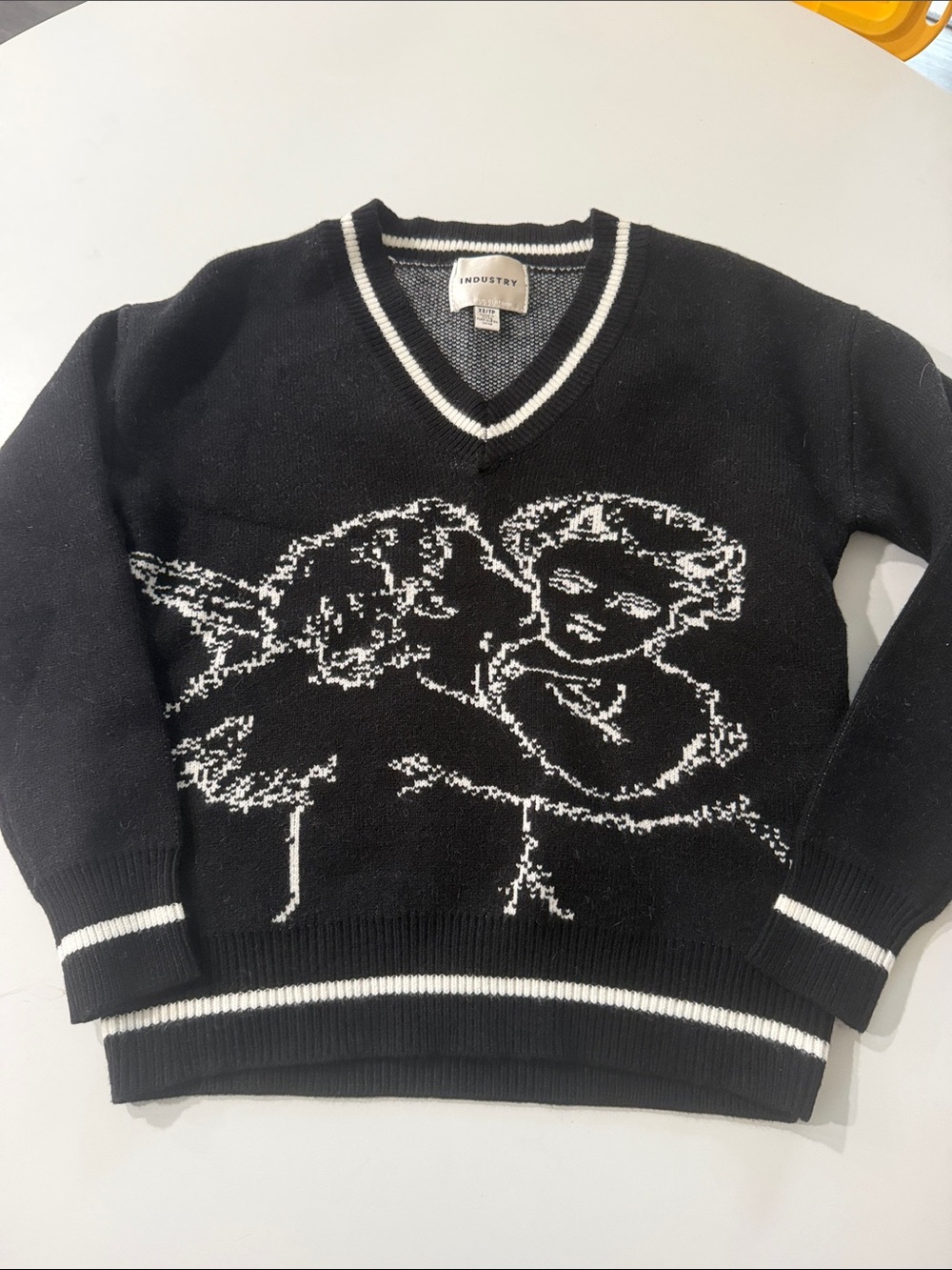 Industry Y2K Black White Graphic V-Neck Knit Sweater Petite size xs